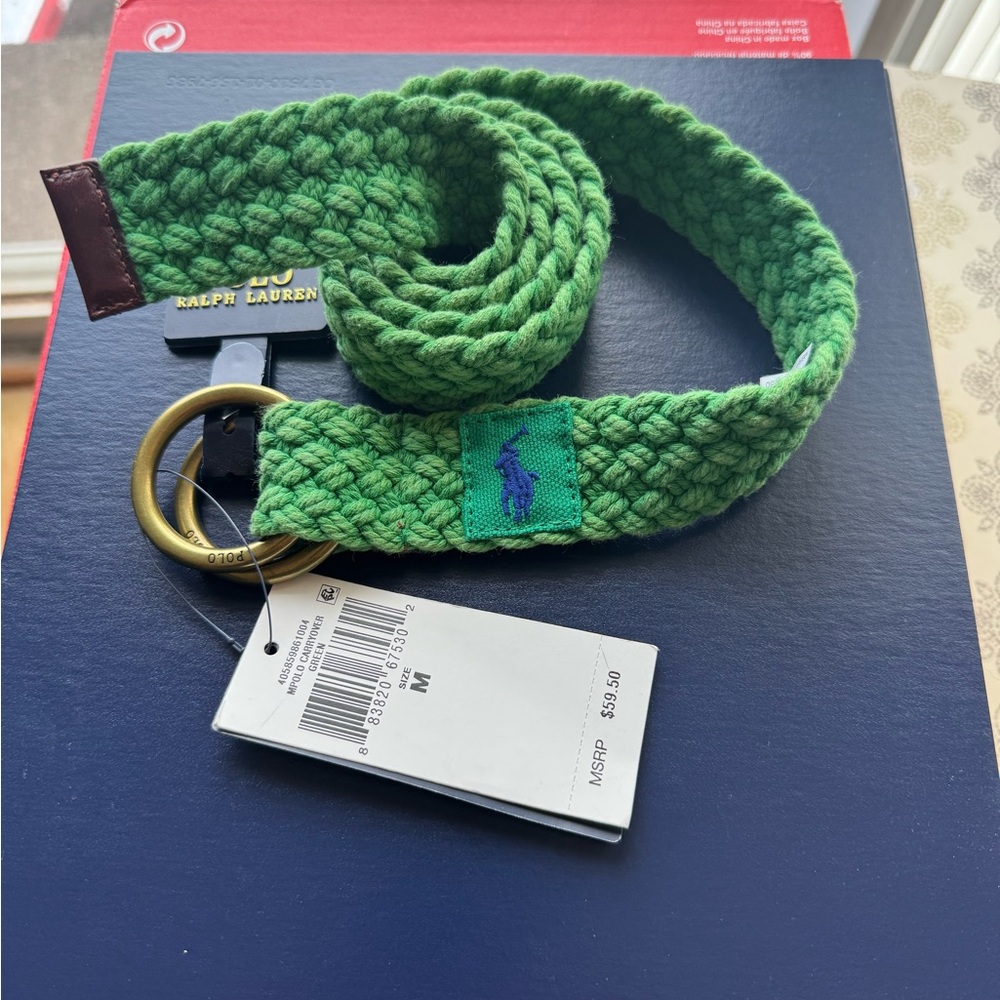 Ralph Lauren Green Braided Belt with Gold Buckle